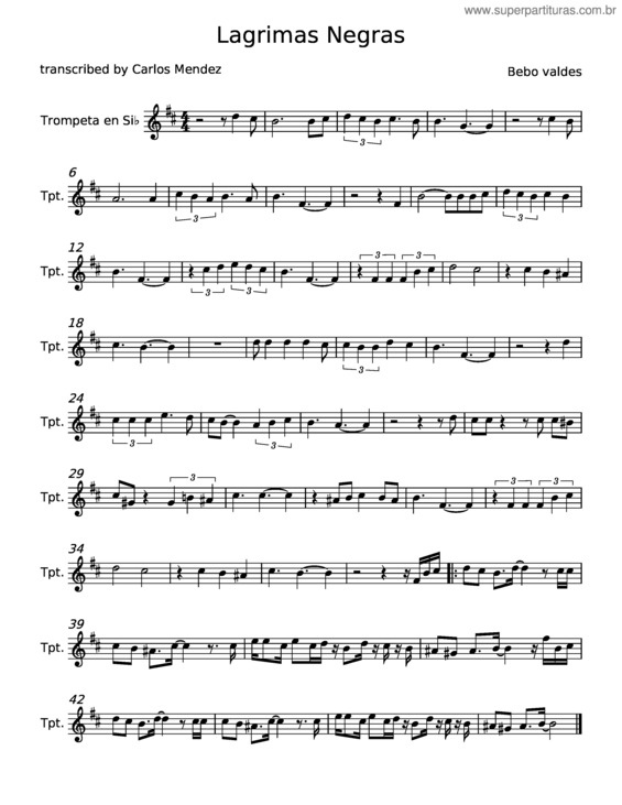 Partitura da música Lágrima Negras – Bebo & Cigala