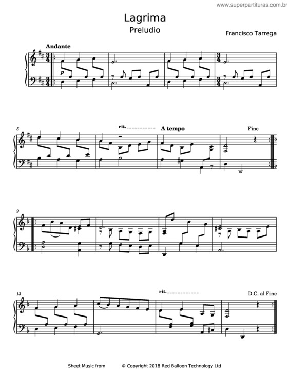 Partitura da música Lagrima Preludio – Francisco Tárrega
