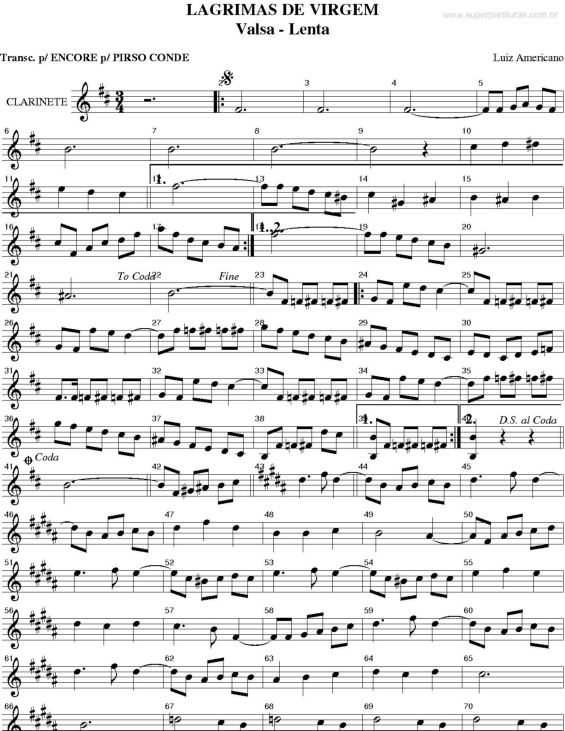 Partitura da música Lágrimas de Virgem