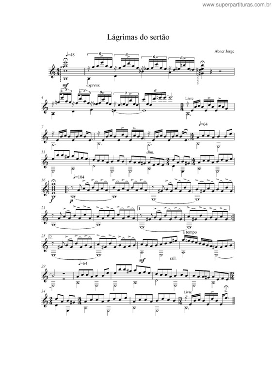 Partitura da música Lágrimas do sertão