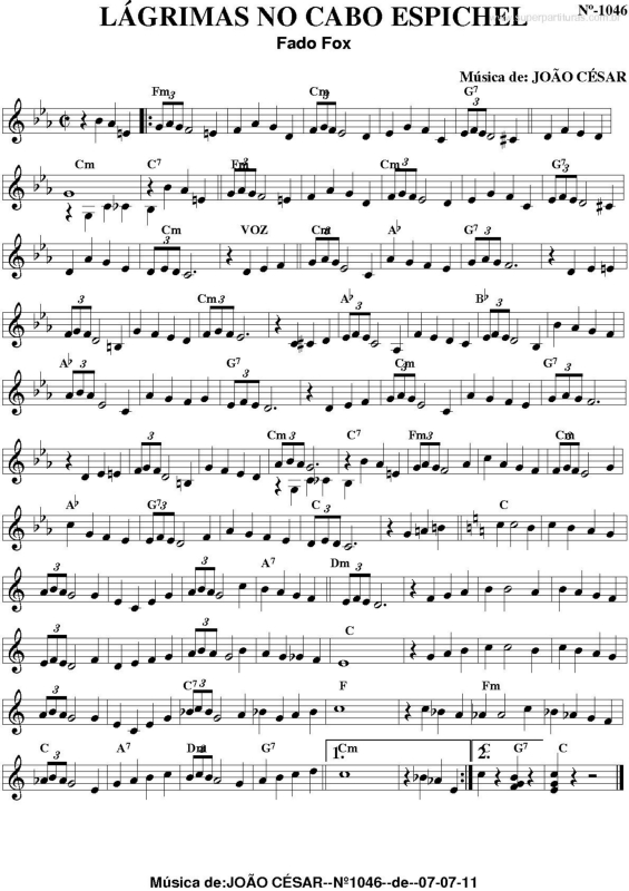 Partitura da música Lágrimas no Cabo Espichel