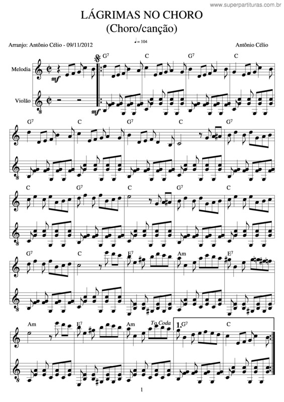 Partitura da música Lágrimas No Choro