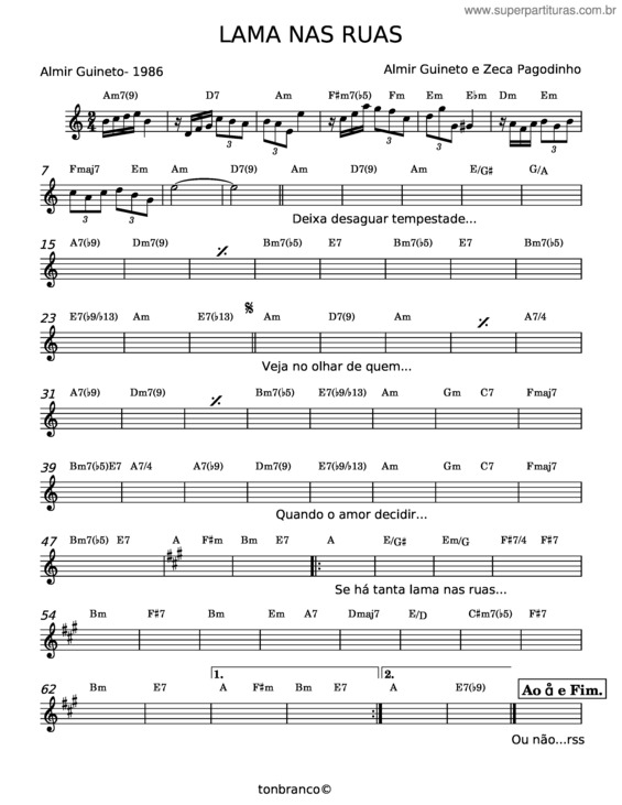 Partitura da música Lama Nas Ruas – Almir Guineto;Zeca Pagodinho
