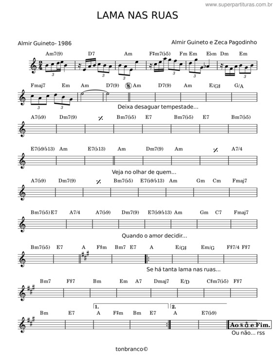 Partitura da música Lama Nas Ruas – Almir Guineto