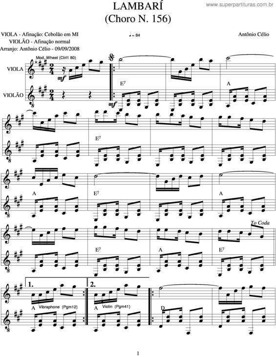 Partitura da música Lambarí v.2