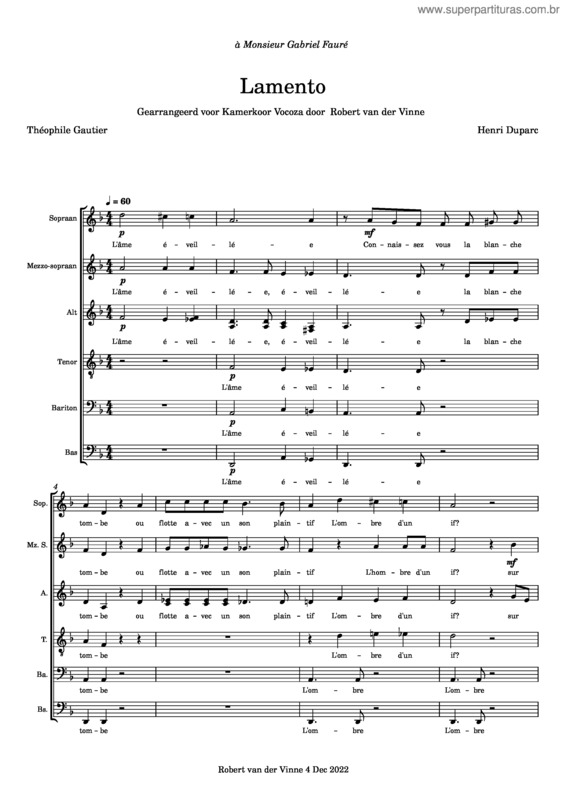 Partitura da música Lamento / Duparc