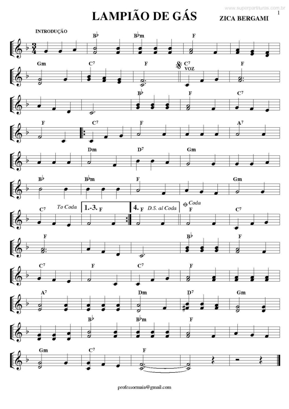 Partitura da música Lampião de Gás