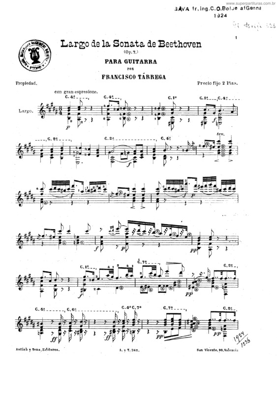 Partitura da música Largo de la Sonata de Beethoven