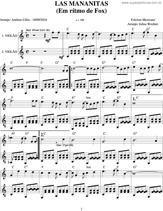 Partitura da música Las Mananitas