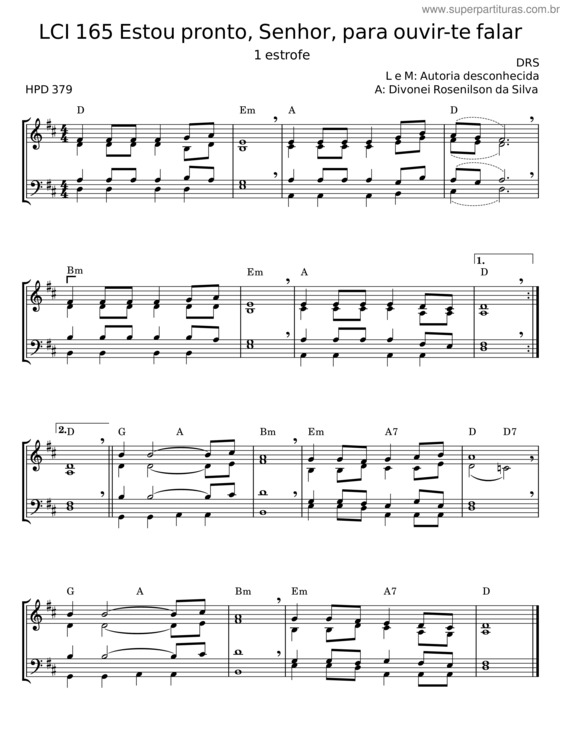 Partitura da música Lci 165 Estou Pronto, Senhor, Para Ouvir–Te Falar – Autoria Desconhecida