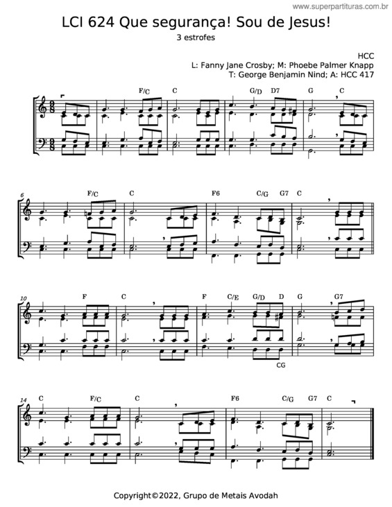 Partitura da música Lci 624 Que Segurança! Sou De Jesus! – Fanny Jane Crosby;Phoebe Palmer Knapp;George Benjamin Nind