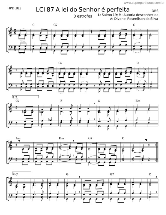 Partitura da música Lci 87 A Lei Do Senhor É Perfeita – Autoria Desconhecida