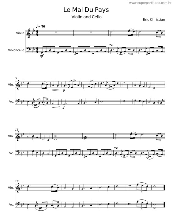 Partitura da música Le Mal Du Pays – Eric Christian
