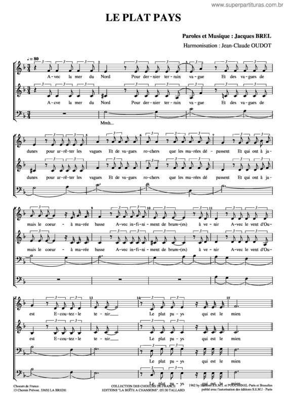 Partitura da música Le Plat Pays – Jacques Brel