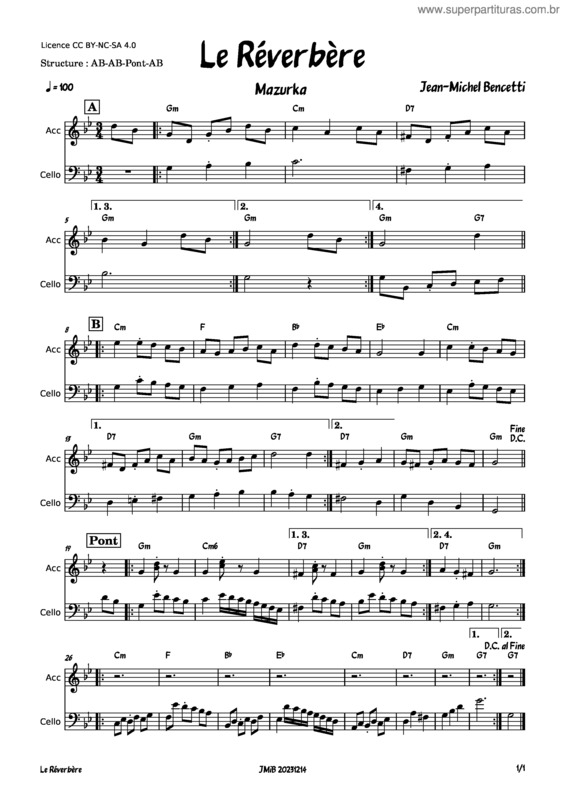 Partitura da música Le Réverbère – Jean–Michel Bencetti – Mazurka