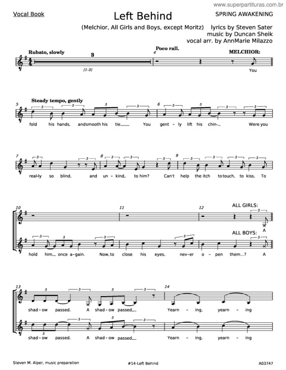 Partitura da música Left Behind – Duncan Sheik, Spring Awakening Musical, Steven Sater v.2