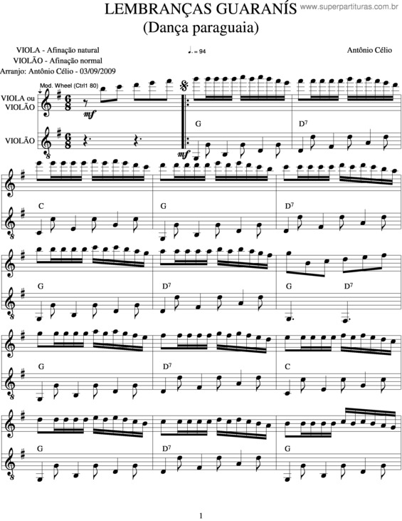 Partitura da música Lembranças Guaranís