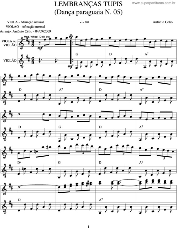 Partitura da música Lembranças Tupis