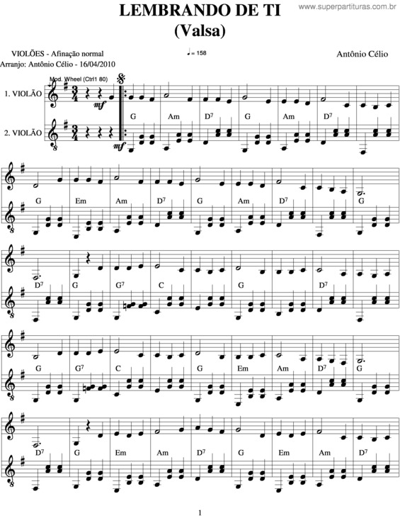 Partitura da música Lembrando De Ti