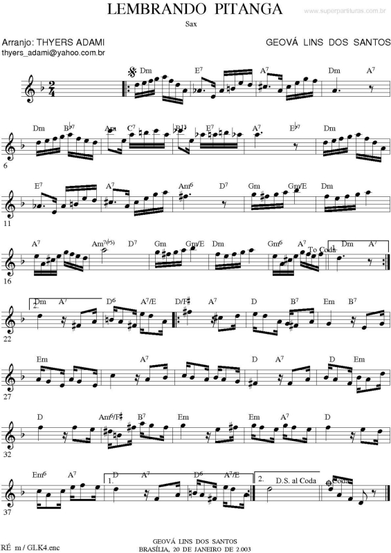 Partitura da música Lembrando Pitanga