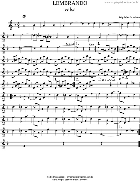 Partitura da música Lembrando