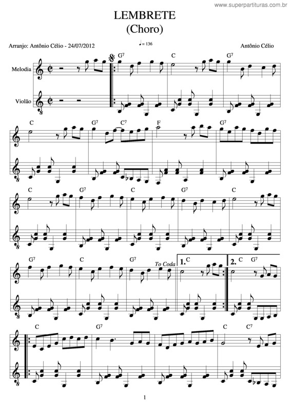 Partitura da música Lembrete