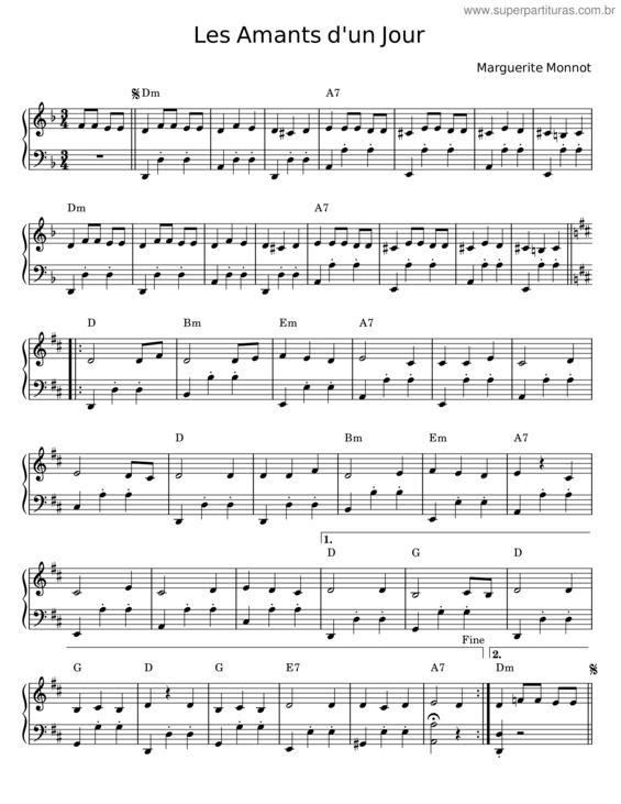 Partitura da música Les Amants D`Un Jour – Musique : Marguerite Monnot – Paroles : Claude Delécluse Et Michelle Senlis.