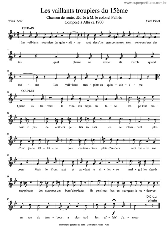 Partitura da música Les Vaillants Troupiers Du 15Ème