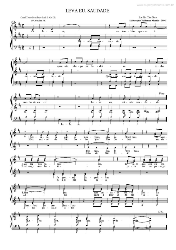 Partitura da música Leva Eu, Saudade