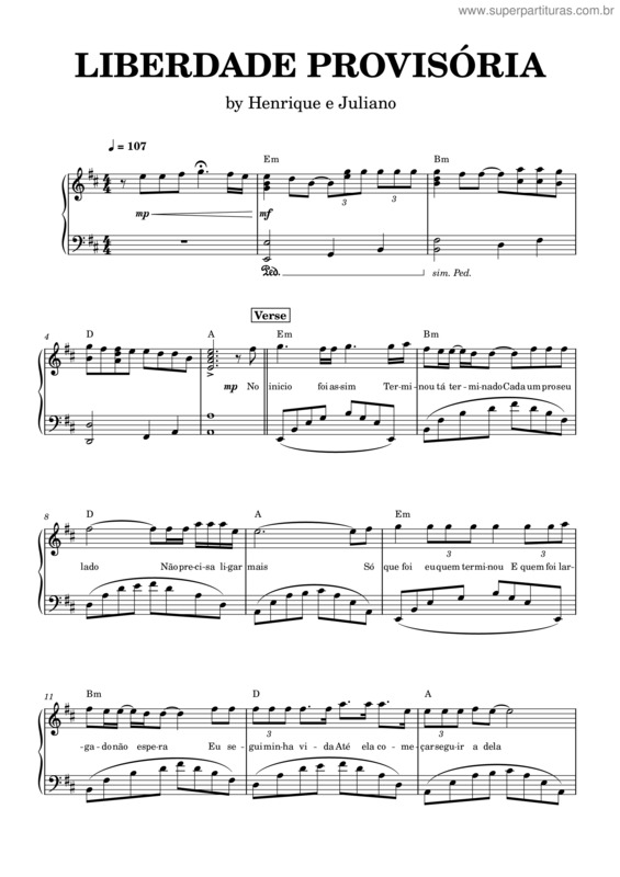 Partitura da música Liberdade Provisória – Henrique E Juliano