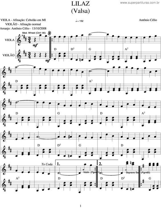 Partitura da música Lilás v.2