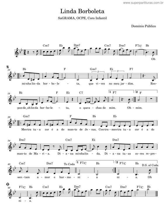 Partitura da música Linda Borboleta