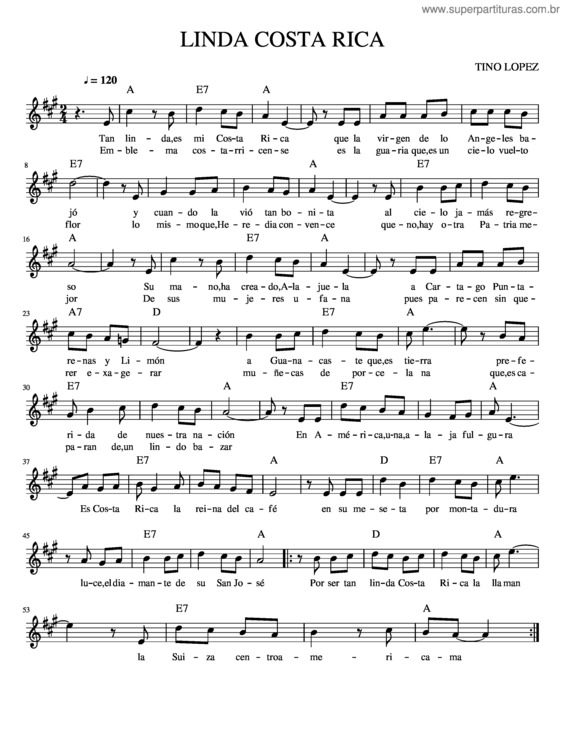 Partitura da música Linda Costa Rica