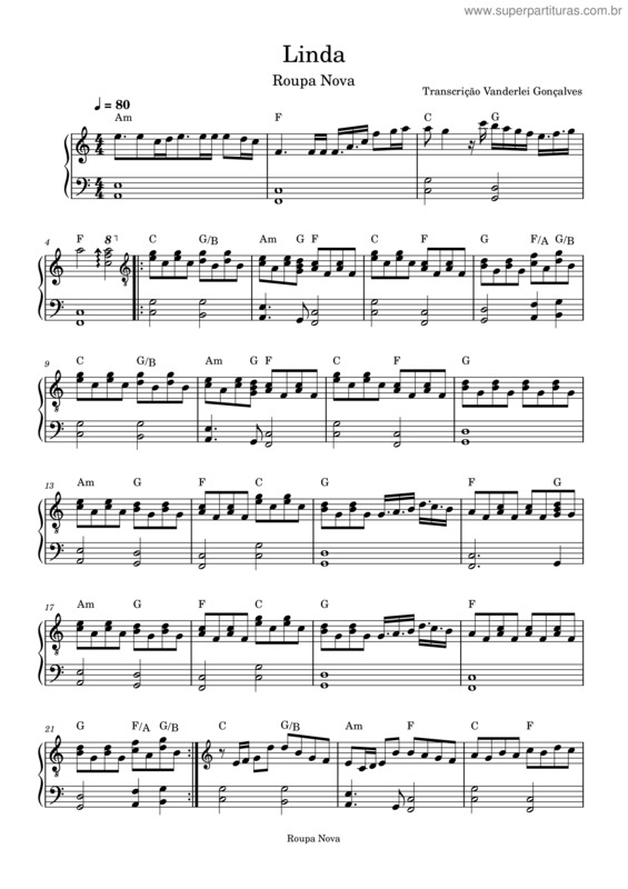 Partitura da música Linda Demais – Roupa Nova