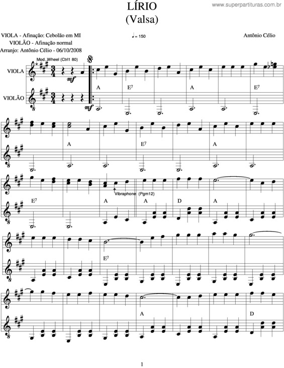 Partitura da música Lírio