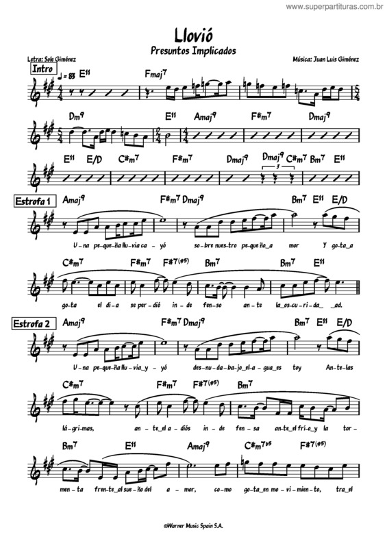 Partitura da música Llovió – Presuntos Implicados