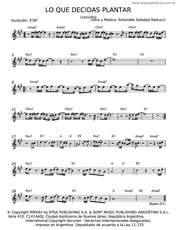 Partitura da música Lo Que Decidas Plantar – Antonella Soledad Restucci