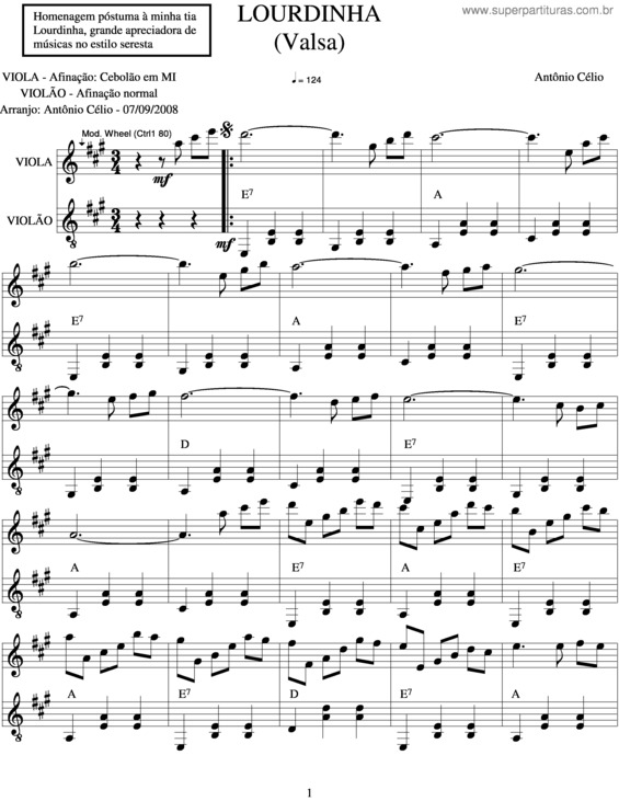 Partitura da música Lourdinha