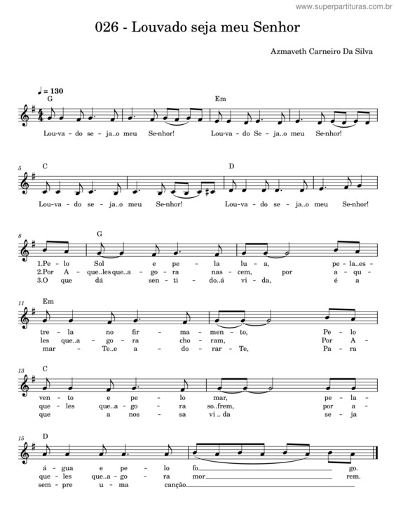 Partitura da música Louvado Seja Meu Senhor – Azmaveth Carneiro Da Silva