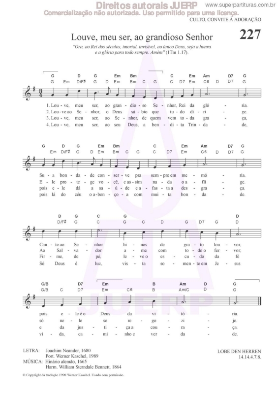 Partitura da música Louve, Meu Ser, Ao Grandioso Senhor - 227 HCC