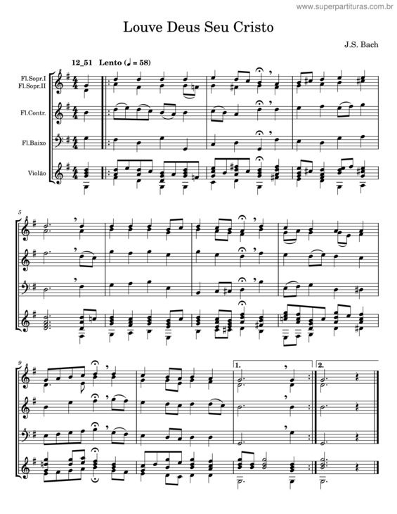 Partitura da música Louve Deus Seu Cristo – J. S. Bach
