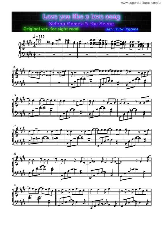 Partitura da música Love You Like A Love Song – Selena Gomez v.2