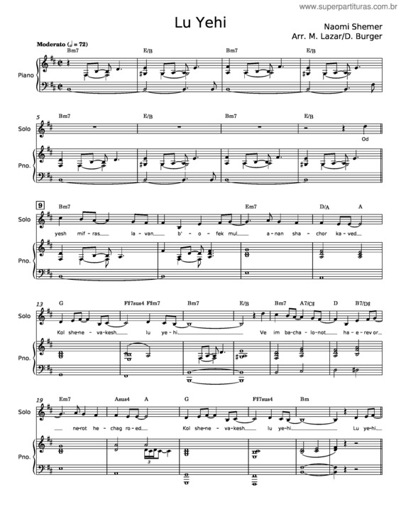 Partitura da música Lu Yehi – Naomi Shemer