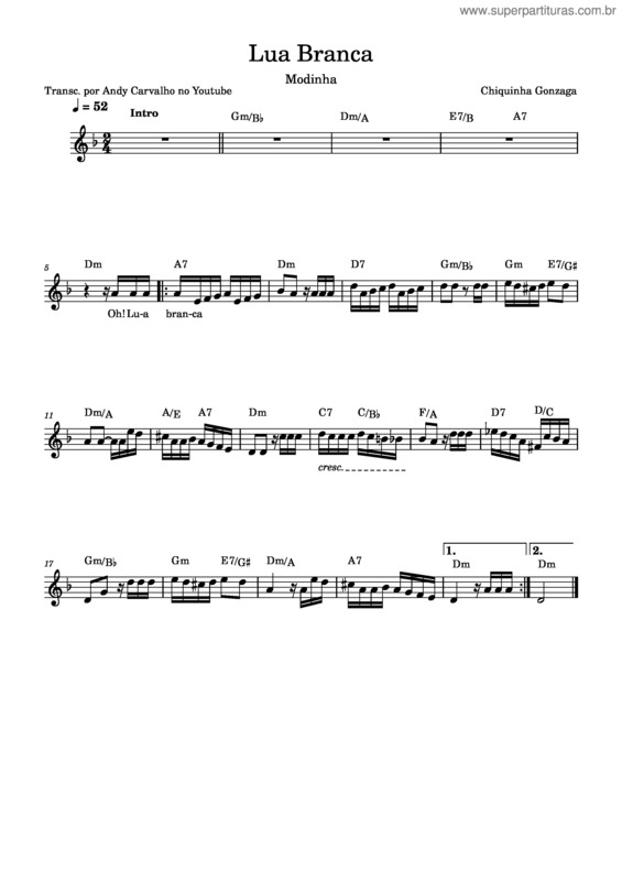 Partitura da música Lua Branca Melodia