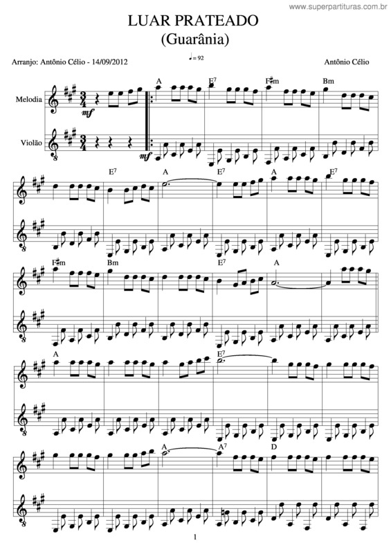 Partitura da música Luar Prateado v.2