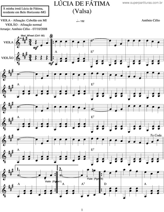 Partitura da música Lúcia De Fátima