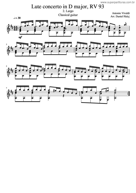 Partitura da música Lute Concerto In D Major 2. Largo, Classical Guitar