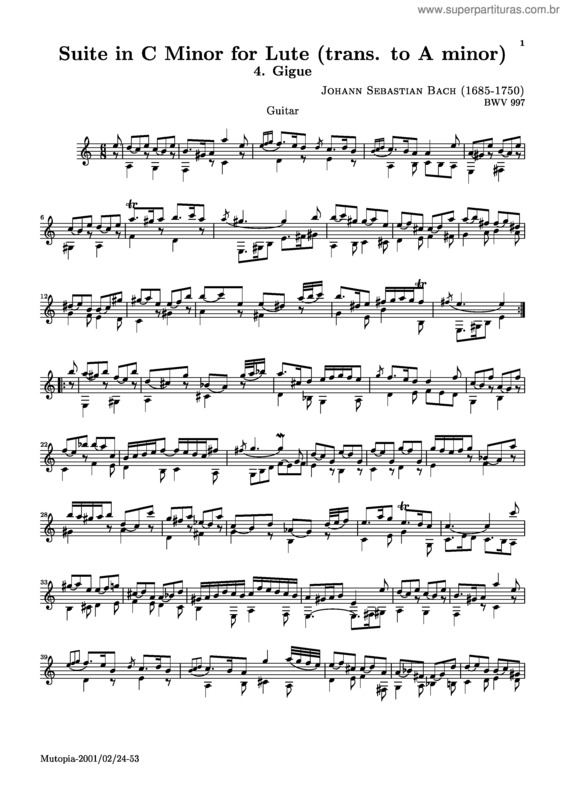 Partitura da música Lute Suite v.2