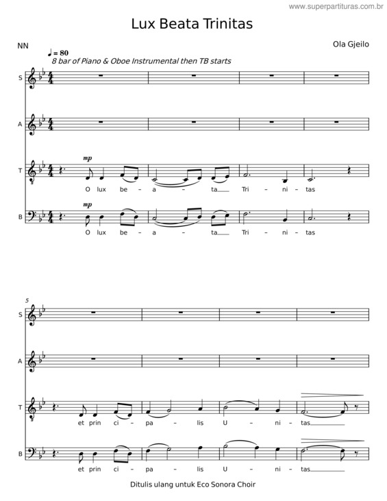 Partitura da música Lux Beata Trinitas – Ola Gjeilo