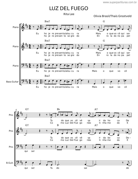 Partitura da música Luz Del Fuego – Rita Lee